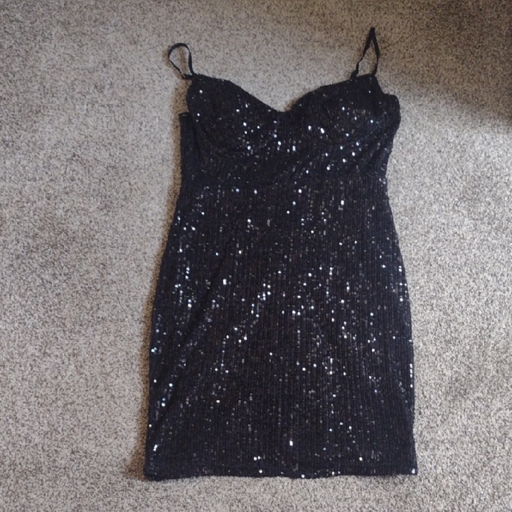 Privy Black Sequined Dress With Adjustable Spaghetti Straps And Zip Back